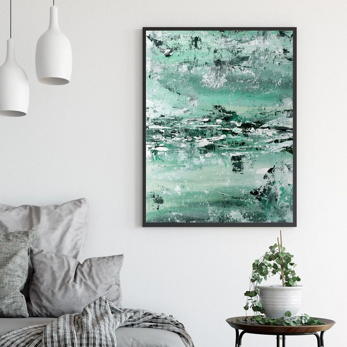 Vertical mint green & white abstract wall art print