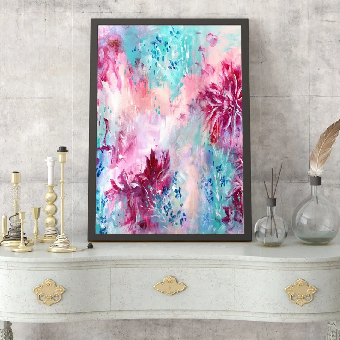 Vertical pink & blue abstract wall art print