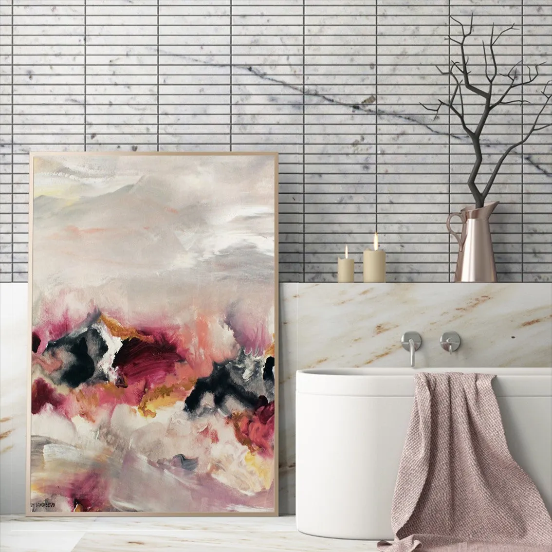 Vertical pink & gold abstract wall art print