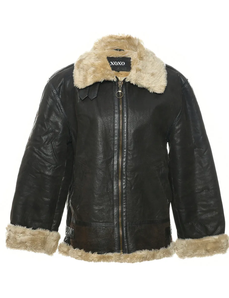 Zip Front Y2K Shearling Leather Jacket - S