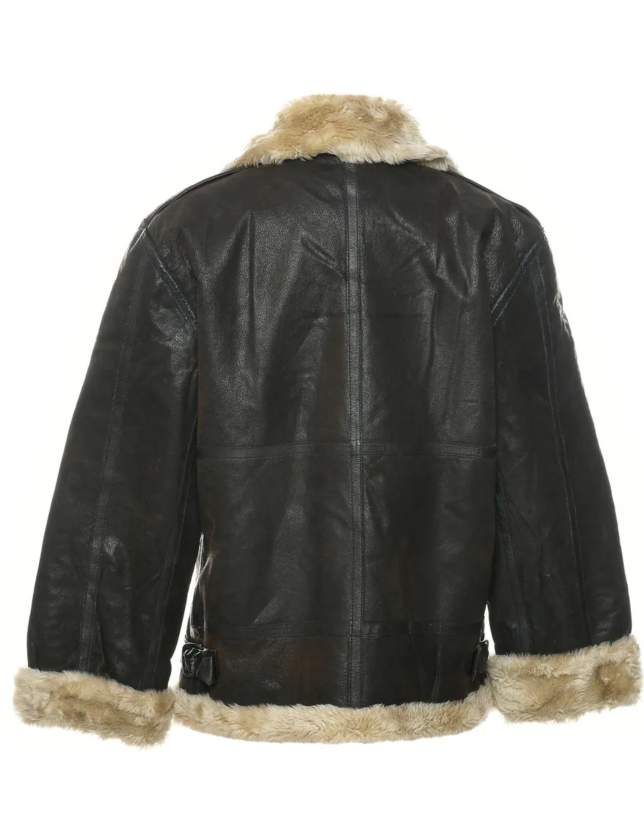 Zip Front Y2K Shearling Leather Jacket - S